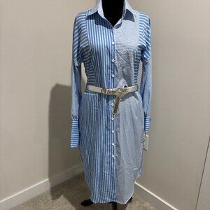 Ladies Career Pin-Striped Blue and White Button Down Professional Dress